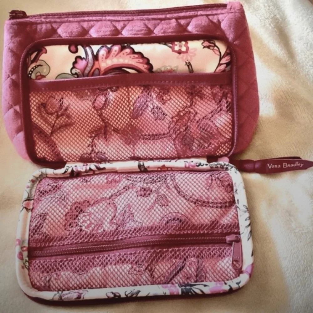 New Vera Bradley Quilted Compact Makeup Cosmetic Organizer Zip Bag Magenta Pink